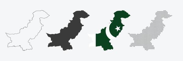 Pakistan map in various style outline, grey, flag color, and dotted vector