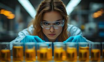 Focused scientist analyzing solutions in laboratory glassware meticulously photo