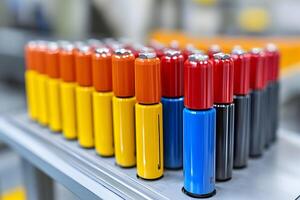 Array of cylindrical objects painted with vivid, contrasting primary colors photo