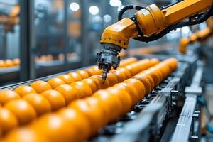 Advanced robotic system automating orange processing on an assembly line photo
