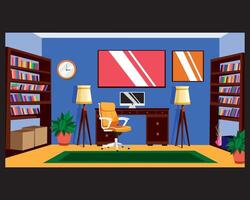 Study Room Home Interiors Design, Working Space, Study Room, Desktop With Table, Bookshelf, Cabinet, Lamp vector