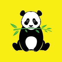 A cute of panda bear holding a bamboo branch on a yellow background vector
