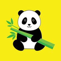 Cartoon of panda bear holding a bamboo stick on a yellow background vector