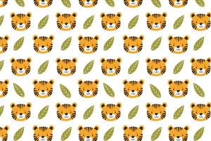 A pattern with tiger faces and leaves background vector