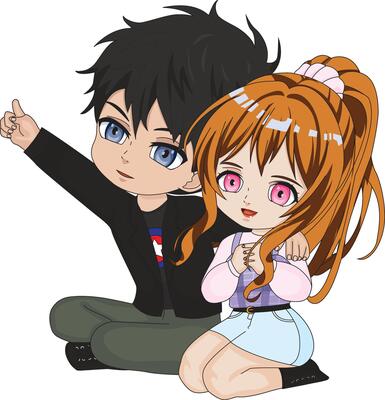 Anime Couple Sitting On Ground Chibi Character