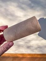 Hand holding an empty cardboard toilet paper roll with soft shadow on wall. High quality photo