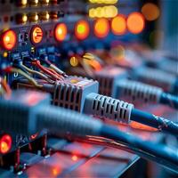 Close-up of server rack with connected Ethernet cables, glowing lights, and data transmission focus. High quality photo
