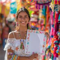Smiling woman in colorful market holding a decorative blank paper frame. High quality photo