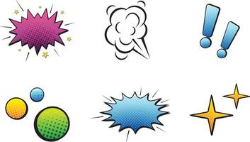 Comic effect shape with pop art style. Comic speech bubbles halftone dot background. Comic surprise, attention and lightning effect vector