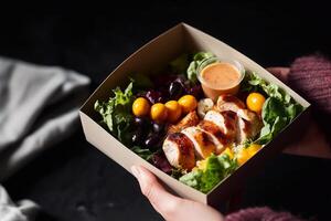 Fresh grab-and-go salad with lettuce, grilled chicken, olives, cherry tomatoes, and dressing in a biodegradable box. Hands holding the container against a dark background. . photo