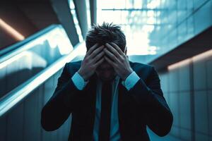 A business professional appears composed, yet their transparent overlay holds their head in despair, symbolizing hidden stress and emotional struggle in the corporate world. . photo