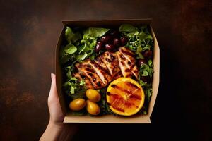 Grab-and-go salad in a cardboard box with fresh lettuce, grilled chicken, black and yellow olives, and a caramelized citrus slice. A healthy and nutritious takeaway meal. . photo
