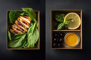 Healthy grab-and-go salad in a biodegradable box with fresh lettuce, grilled chicken, olives, lemon, and dressing. A gourmet meal with vibrant ingredients on a dark background. . photo
