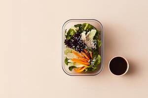 A grab-and-go container with fresh Asian salad featuring crunchy cabbage, carrots, sesame seeds, and teriyaki sauce. A healthy and flavorful meal for convenience and taste. . photo