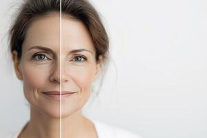 Close-up split-screen of a woman's face showing reduced puffiness and wrinkles after facial massage and cosmetic procedures. Visible rejuvenation and anti-aging effects. . photo