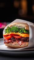 A stacked rye sandwich filled with crispy bacon, juicy tomato slices, sharp aged cheese, and fresh lettuce, wrapped in paper, set against a rich, dramatic background. . photo