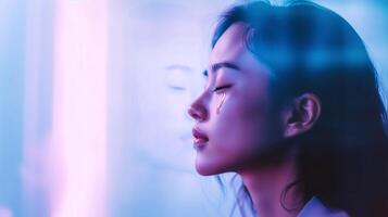 A woman with a tear running down her cheek, eyes closed in deep reflection. A surreal representation of mental health, emotions, and inner healing in soft pastel lighting. . photo
