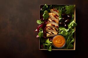 A grab-and-go salad in a rustic cardboard box with grilled chicken, fresh lettuce, black olives, and a side of golden dressing, set on a dark textured background. . photo