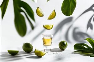 tequila Disparo con salado borde, Fresco limas, y tropical hojas en un brillante, artístico composición. flotante Lima rebanadas añadir un dinámica toque a esta refrescante escena. . foto