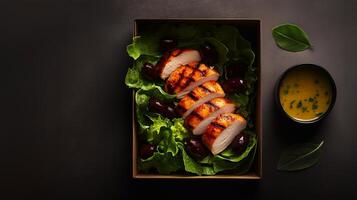 A neatly arranged grab-and-go salad in a rustic cardboard box with grilled chicken, fresh lettuce, black olives, and a side of lemon dressing, set on a dark background. . photo