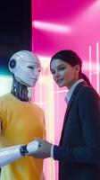 A futuristic scene featuring a woman in business attire shaking hands with a humanoid robot against a vibrant neon-lit background, symbolizing AI collaboration and innovation. . photo