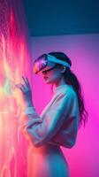 A young woman wearing a VR headset interacts with a glowing virtual interface. Futuristic neon colors create an immersive cyberpunk atmosphere, blending technology and innovation. . photo