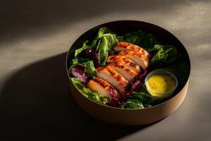 Grab-and-go salad with lettuce, grilled chicken, black olives, and lemon dressing in a round cardboard box under dramatic light and shadows. Healthy and delicious takeaway meal. . photo