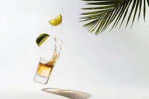 Tequila shot with splashing liquid and floating lime slices against a minimalistic white background with tropical palm leaves. A dynamic, refreshing, and elegant summer drink concept. photo