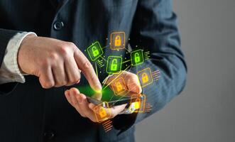 Businessman undergoes identification via mobile application. Digital state. Identification and access to state digital services and management. Crypto wallet with password. Security system. photo