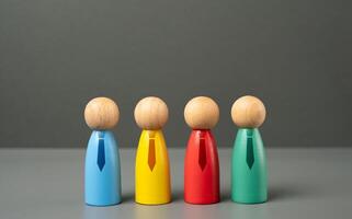 Figures of people with ties. Workers and employees. Different departments. Corporate structure, teamwork, office hierarchy. Professional roles in a business environment. photo