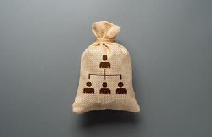 A bag with a drawing of the hierarchy of people in an organization. Concept of a set of rules for organizing society into an effective group. Corporate structure, authority levels, social organization photo