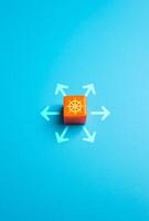 Block with a ship's wheel and arrows indicating movement in any direction. The concept of freedom of action and room for maneuver, leadership and enterprise. Flexibility and adaptability. photo