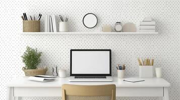 White desk with laptop and bookshelf in front of white wall photo