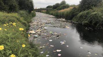 A river with trash and yellow flowers photo