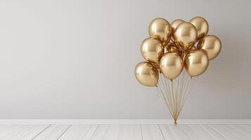 Gold balloons in a room with a white wall photo