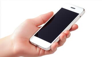 A hand holding a white smartphone on a white background photo
