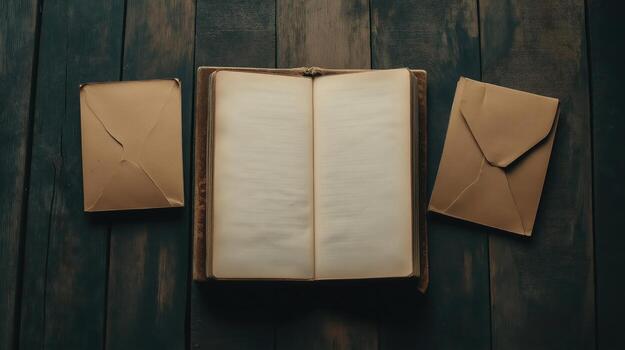 Open book, envelope and envelope on wooden background photo