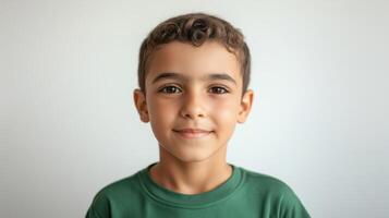 Portrait of a cute little boy with a green shirt on white background photo