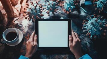 Coronavirus pandemic concept with hands holding tablet pc with blank screen photo