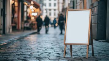 Blank sign on the street with people walking by photo