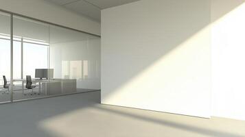 Empty office with large windows and a desk photo