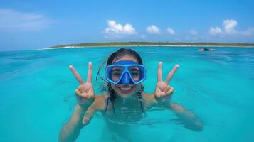 A woman wearing a snorgle in the ocean photo