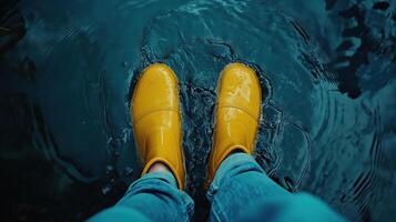 A person wearing yellow rain boots standing in water photo