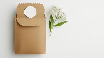Brown envelope with white flowers on white background photo