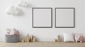 Two blank frames on a white wall with a piggy bank photo