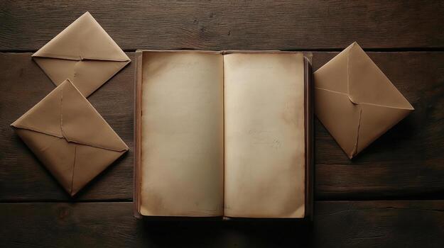 An open book with envelopes on a wooden table photo