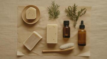 A variety of soap, soap bars, and herbs photo