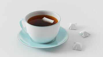 A cup of tea with a bag of sugar cubes photo