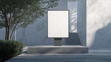 An empty billboard stands in front of a building photo