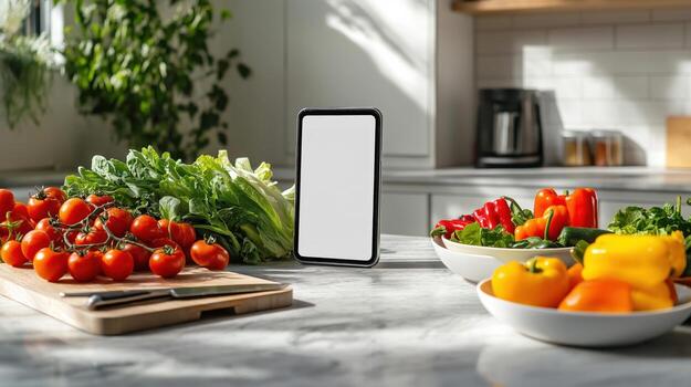 A smartphone is on a counter with a bowl of vegetables photo